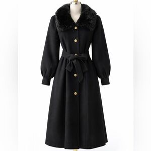 Elegant Black Coat with Faux Fur Collar Gardenya Size 38 (M) NWT